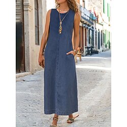 Women's Denim Dress Shift Dress Maxi long Dress Denim Modern Casual Vacation Crew Neck Patchwork Sleeveless Summer Spring Black Royal Blue Blue Pure Color S M L XL 2XL