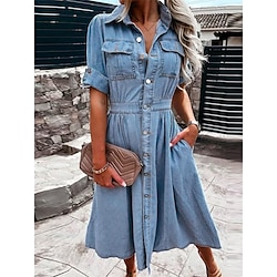 Women's Denim Dress Shirt Dress Midi Dress Date Vacation Denim Basic Modern Shirt Collar Button Pocket Half Sleeve Summer Spring Regular Fit Plain