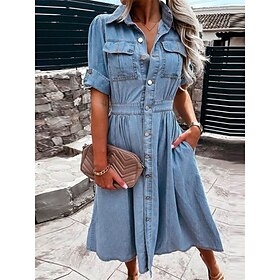 Women's Denim Dress Shirt Dress Midi Dress Date Vacation Denim Basic Modern Shirt Collar Button Pocket Half Sleeve Summer Spring Regular Fit Plain