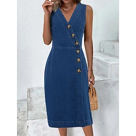 Women's Denim Dress Work Dress Bodycon Midi Dress Denim Fashion Modern Outdoor Office Daily V Neck Button Sleeveless Summer Spring 2023 Loose Fit Black Blue Pl