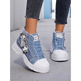 Women's Denim High Top Platform Sneakers with Leopard Detail - Casual Street Style Lace-Up Shoes for Teens Young Adults
