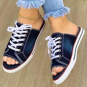 Women's Denim Open-Toe Slip-On Mules with Lace-Up Design - Casual Summer Sandals for Everyday Wear