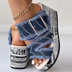Women's Denim Platform Sandals with Adjustable Buckle Straps and Newspaper Print Wedge Sole, Trendy Chunky Summer Shoes for Streetwear and Festivals