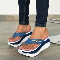 Women's Denim Wedge Flip-Flop Sandals - Stylish Casual Beachwear with Comfort Sole and Metal Accent