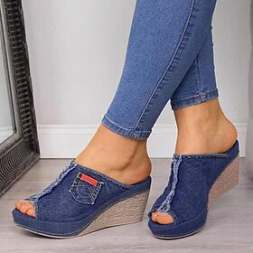 Women's Denim Wedge Sandals - Open-Toe Design with Frayed Hem and Pocket Detail, Casual Slip-On Mules for Everyday Wear