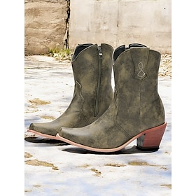 Women's Distressed Green Western Cowboy Boots with Zipper Closure - Stylish Mid-Heel Ankle Boots for Outdoor and Casual Wear