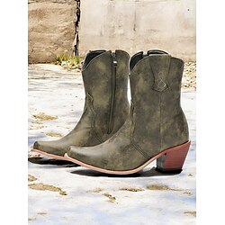 Women's Distressed Green Western Cowboy Boots with Zipper Closure - Stylish Mid-Heel Ankle Boots for Outdoor and Casual Wear