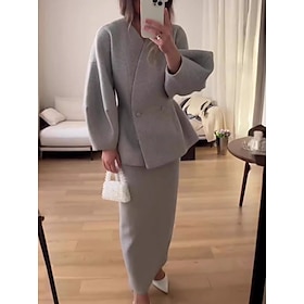 Women's Dress Set Casual Dress Skirt Set Casual Plain Ruched Buttons Midi Dress Long Sleeve V Neck Outdoor Daily White Camel Gray Fall Winter Regular Fit
