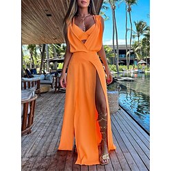 Women's Dress Set Casual Dress Skirt Set Swing Dress Fashion Modern Floral Plain Backless Split Long Dress Maxi Dress Sleeveless V Neck Outdoor Vacation Yellow Red Orange Summer Loose Fit