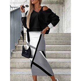 Women's Dress Set Casual Dress Skirt Set Tank Dress Casual Geometric Color Block Ribbed Midi Dress Long Sleeve V Neck Outdoor Daily Black Yellow Gray Spring Fa