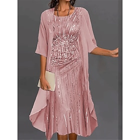 Women's Dress Set Chiffon Dress Formal Geometric Print Long Dress Maxi Dress Half Sleeve Crew Neck Party Wedding Guest Pink Blue Green Summer Fall Regular Fit