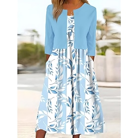 Women's Dress Set Maxi Dress 2 Pieces Summer Dress Fit And Flare Dress Party Formal Floral Print Half Sleeve V Neck Formal Vacation Pink Blue Green Summer Spri