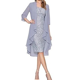 Women's Dress Set Midi Dress Solid Color Sheath Dress Party Cocktail Plain Lace Patchwork 3/4 Length Sleeve Crew Neck Party Wedding Guest Black Wine Blue Summe