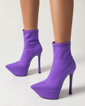 Women's Elastic Boots Platform Pointed Toe Stiletto Heel Ankle Boots