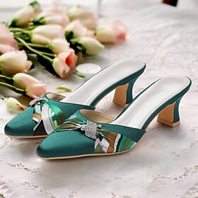 Women's Elegant Green Satin Mules with Rhinestone Buckle and Floral Accents - Chic Low-Heel Slides