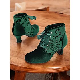 Women's Elegant Green Velvet Lace-Up Ankle Boots with Kitten Heel Floral Lace Detail Comfortable for Parties Victorian Cosplay and Special Occasions