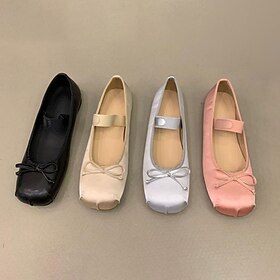 Women's Elegant Satin Ballet Flats - Soft Square Toe Mary Jane Shoes with Bow Detail, Comfortable Slip-On for Casual Formal Occasions