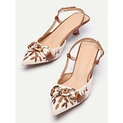 Women's Embroidered Slingback Pumps - Elegant Low Heel Shoes with Chain Detail