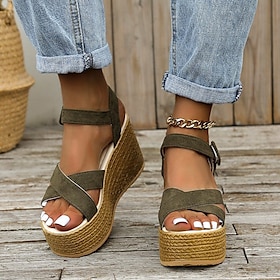 Women's Espadrille Wedge Sandals - Olive Green Suede Platform Strappy Summer Shoes with Buckle Closure, Casual Beach Vacation Style