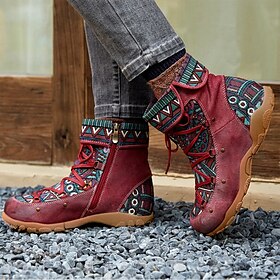 Women's Ethnic Style Lace-Up Ankle Boots with Multicolor Tribal Pattern and Suede Accents, Comfortable Casual Footwear for Outdoor Adventures