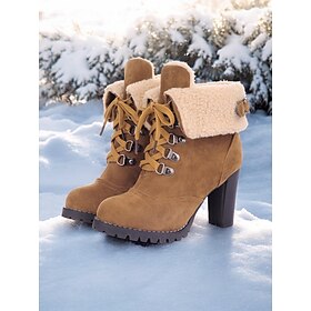 Women's Faux Suede High Heel Winter Boots - Fur-Lined Lace-Up Boots with Chunky Heel for Snow and Cold Weather