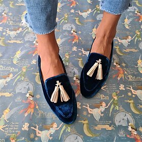 Women's Faux Suede Loafers in Navy Blue with Gold Tassel - Luxurious Formal Slip-On Shoes for Parties and Special Occasions