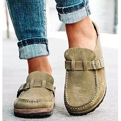 Women's Faux Suede Slip-On Loafers - Casual Comfort Flats with Buckle Detail and Cushioned Cork Sole for Everyday Wear