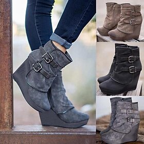 Women's Faux Suede Wedge Ankle Boots with Double Buckle and Side Zipper - Casual and Stylish Footwear