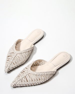 Women's Flat Mules Pointed Toe Cane Backless Beach Sandals