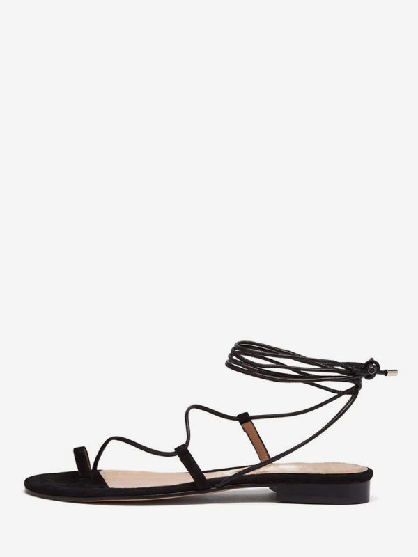 Women's Flat Sandals Black Open Toe Lace Up Sandal Flats
