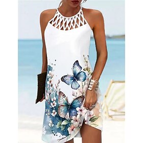 Women's Floral Cut Out Print Halter Neck Mini Dress Daily Vacation Sleeveless Summer Spring