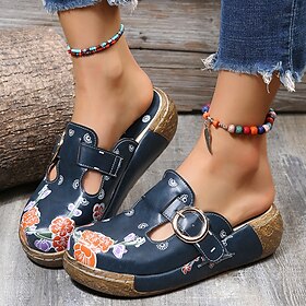 Women's Floral Embroidered Slip-On Clogs with Buckle Detail and Wedge Heel - Comfortable Vintage Casual Shoes