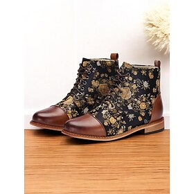 Women's Floral Print Lace-Up Ankle Boots - Retro Faux Leather and Jacquard Fabric Boots for Fall and Winter Casual Wear