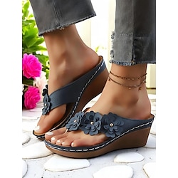 Women's Floral Wedge Flip-Flops with Cushioned Sole, Summer Comfort Sandals for Home, Beach and Daily Errands