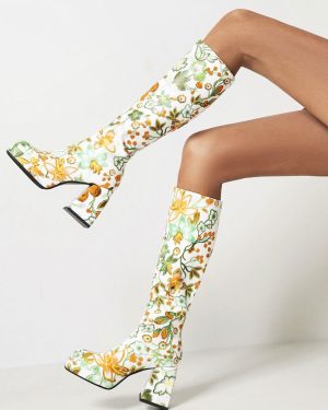 Women's Flower Print Gogo Boots Block Heel Platform Knee High Boots
