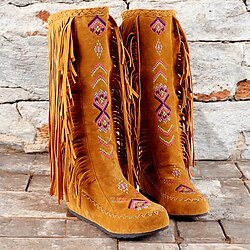 Women's Fringe Embroidered Faux Suede Knee-High Boots, Bohemian Style for Festivals and Casual Wear