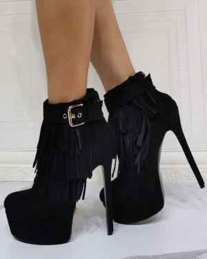 Women's Fringe Platform Stiletto Heel Ankle Boots in Black Suede