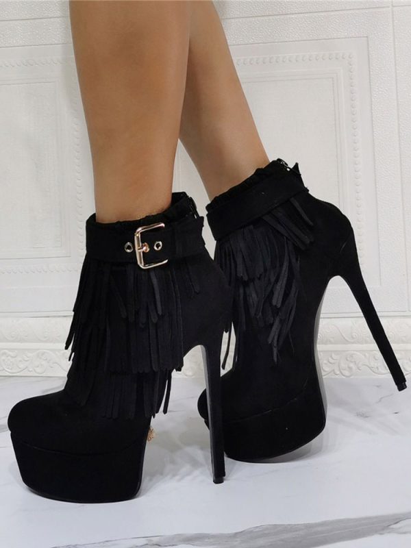 Women's Fringe Platform Stiletto Heel Ankle Boots in Black Suede