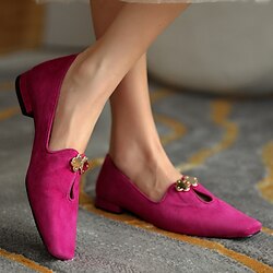 Women's Fuchsia Suede Ballet Flats - Elegant Vintage Style Loafers with Floral Buckle for Office, Tea Party Daily Wear