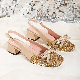 Women's Glitter Slingback Block Heel Pumps with Bow - Sparkly Wedding Party Shoes in Silver and Gold