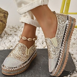 Women's Glitter Slip-On Loafers - Sparkly Rhinestone Embellished Platform Shoes for Casual Wear and Summer Outings
