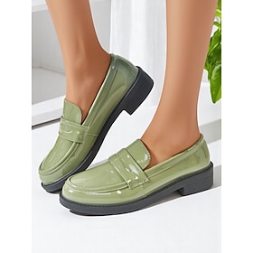 Women's Glossy Faux Leather Loafers with Round Toe and Low Heel, Elegant Slip-On Work Shoes for Urban Professionals, All-Day Wear