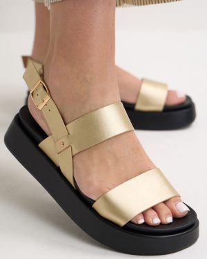 Womens Gold Plain Chunky Two Strap Sandals