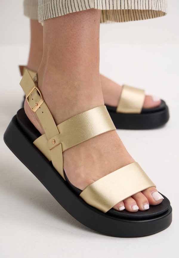 Womens Gold Plain Chunky Two Strap Sandals