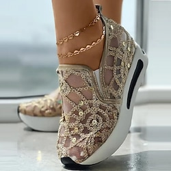 Women's Gold Sequin Mesh Slip-On Sneakers with Platform Sole - Stylish Casual Shoes for Parties and Special Occasions