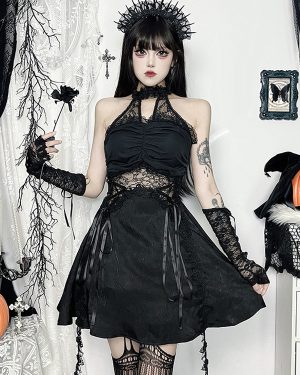 Women's Gothic Dress Black Lace Up Lace Gothic Polyester Tunic Dress