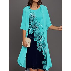 Women's Graduation Dress Midi Dress Dress Set Shift Dress Cocktail Semi Formal Floral Print Half Sleeve Crew Neck Wedding Guest Daily Blue Fuchsia Green Summer