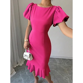Women's Graduation Dress Mini Dress Solid Color Bodycon Dress Semi Formal Office Regular Fit Graphic Short Sleeve Crew Neck Black Pink Sky Blue Fuchsia Summer
