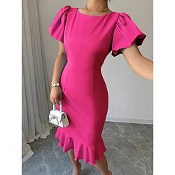 Women's Graduation Dress Mini Dress Solid Color Bodycon Dress Semi Formal Office Regular Fit Graphic Short Sleeve Crew Neck Black Pink Sky Blue Fuchsia Summer