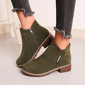 Women's Green Faux Suede Ankle Boots with Side Zipper - Casual Slip-On Chunky Heel for Everyday Wear